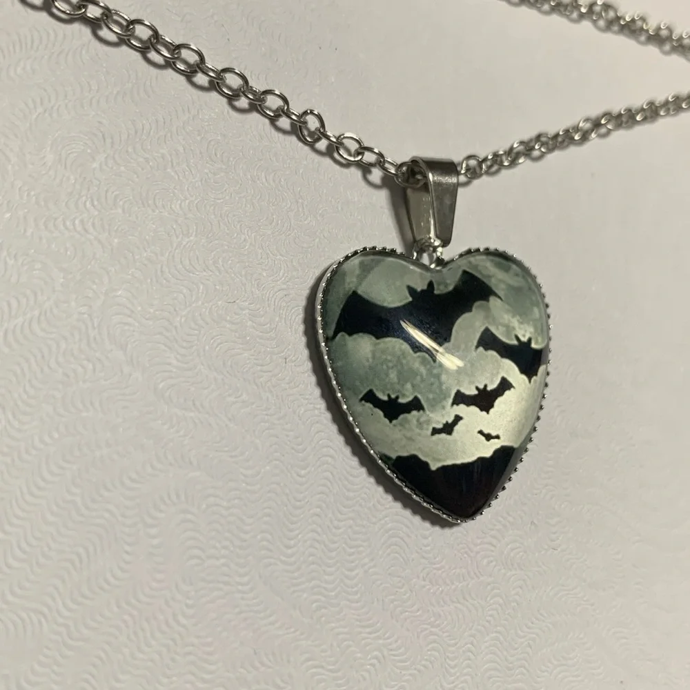 Dome Shape Heart Silver & Black Bat Necklace – Gothic Moon Glass Pendant